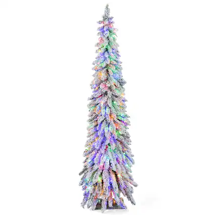Front. Costway - 6 FT Pre-Lit Slim Christmas Tree Flocked Xmas Decoration 11 Modes 250 LED Lights - Green /White.