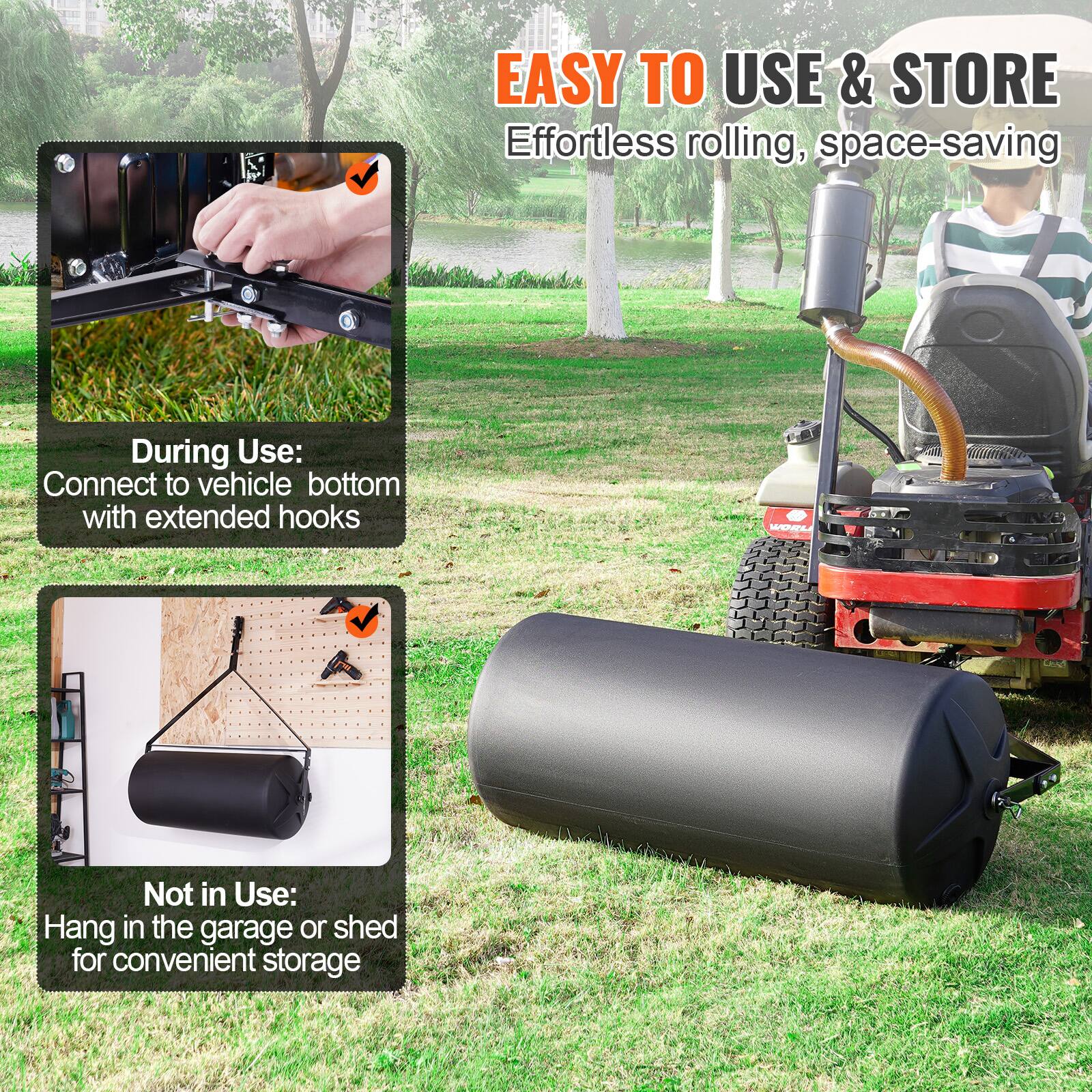 EASY TO USE & STORE  
Effortless rolling, space-saving  

During Use:  
Connect to vehicle bottom with extended hooks  

Not in Use:  
Hang in the garage or shed for convenient storage