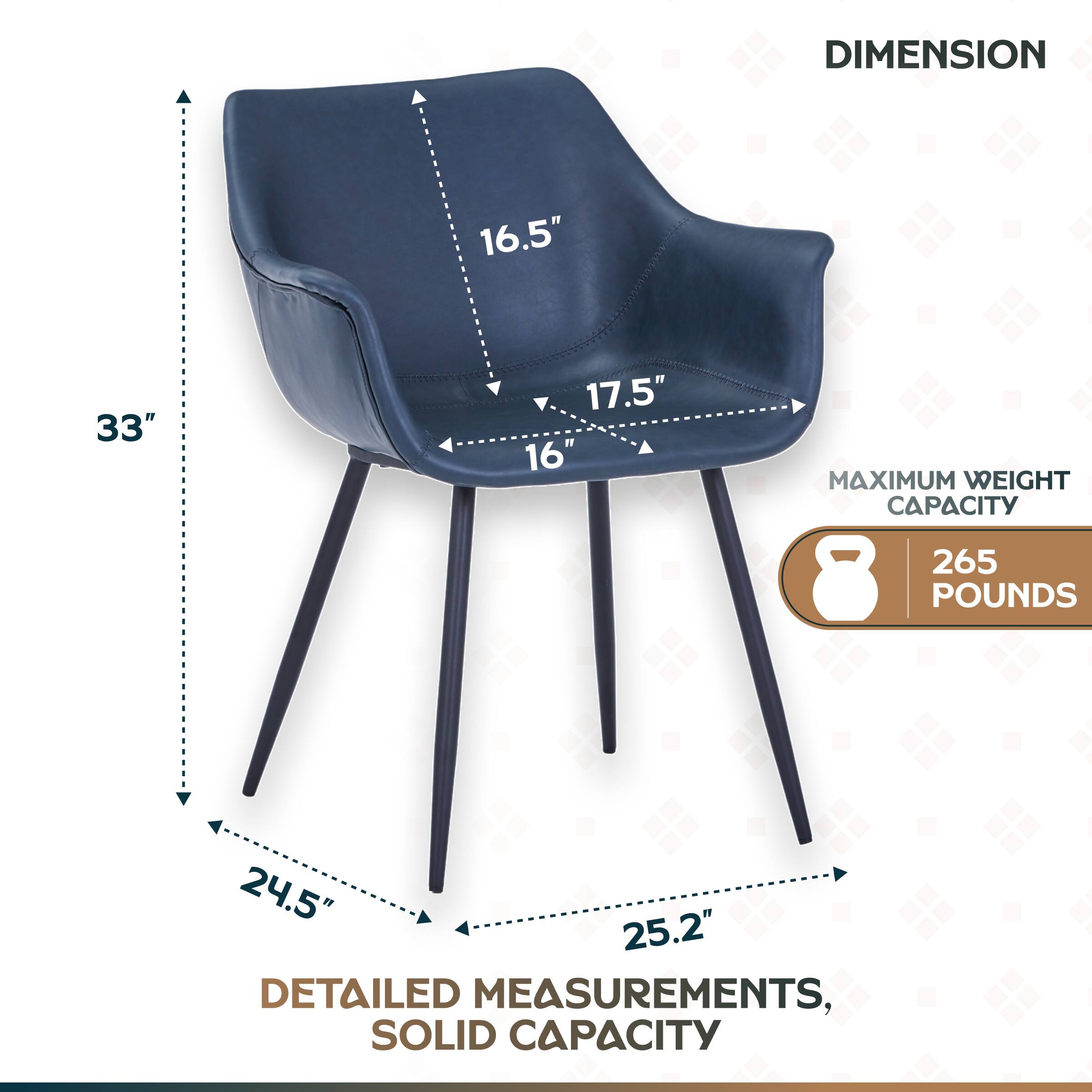 DIMENSION  
16.5" 33" 17.5" 16"  
MAXIMUM WEIGHT CAPACITY 265 POUNDS  
24.5" 25.2"  
DETAILED MEASUREMENTS, SOLID CAPACITY