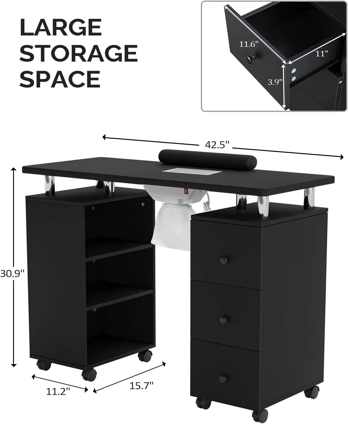 LARGE STORAGE SPACE

11.6"  
3.9"  
11"  
42.5"  
30.9"  
11.2"  
15.7"