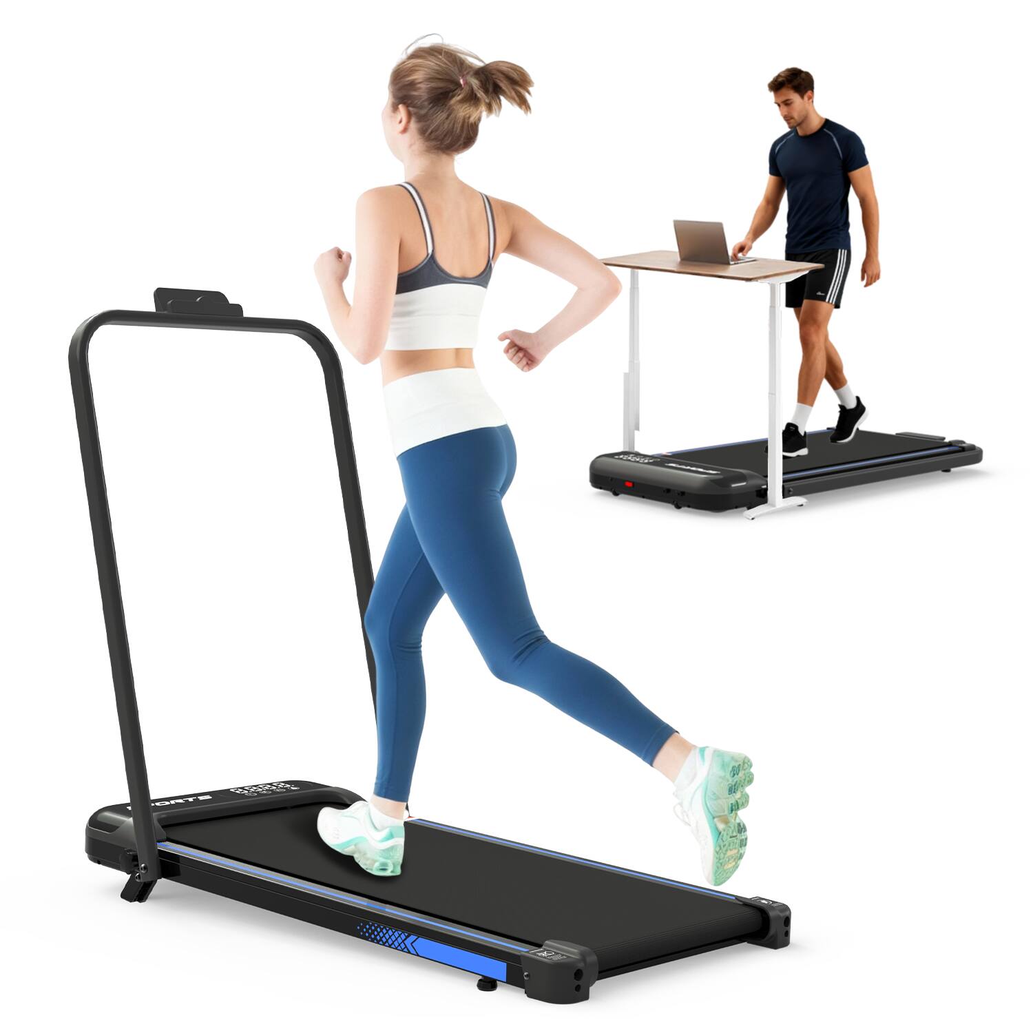 Tiramisubest - 3-in-1 Foldable Under Desk Treadmill with Incline, Remote Control & LED Display for Home Workouts - Black