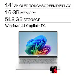 HP - OmniBook 3 - 14" 2K Touchscreen Laptop - Snapdragon X - 16GB Memory - 512GB SSD - Copilot+ PC - Glacier Silver