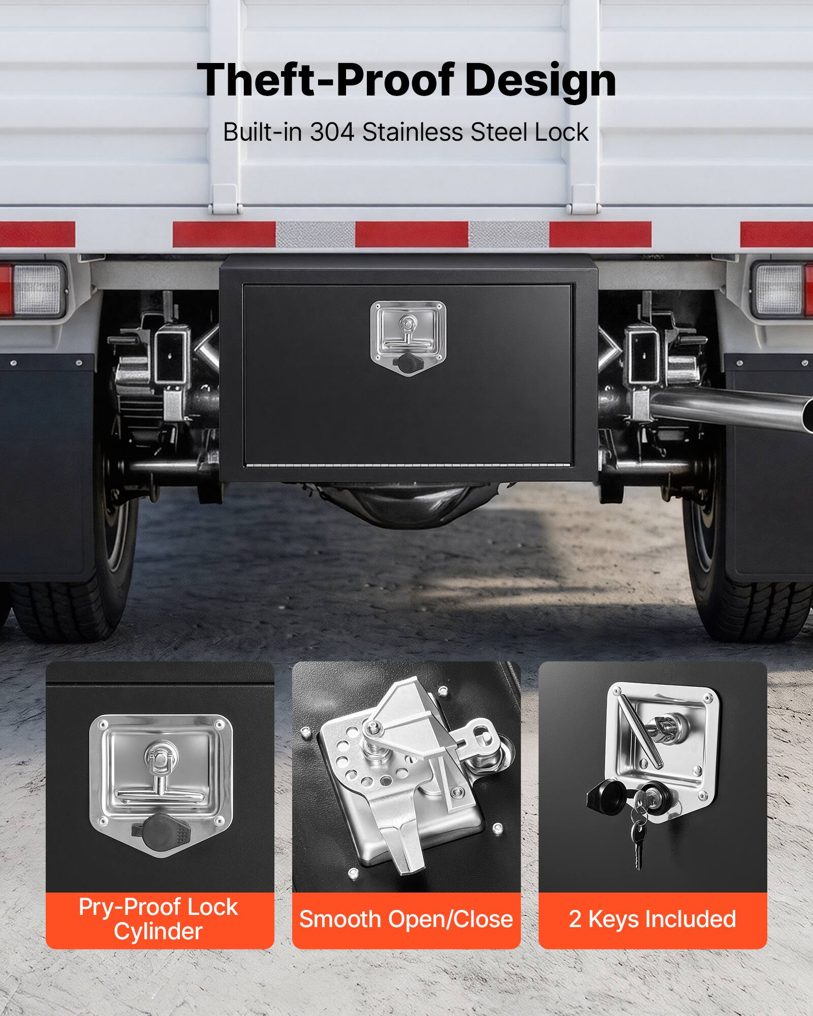 Theft-Proof Design  
Built-in 304 Stainless Steel Lock  

- Pry-Proof Lock Cylinder  
- Smooth Open/Close  
- 2 Keys Included