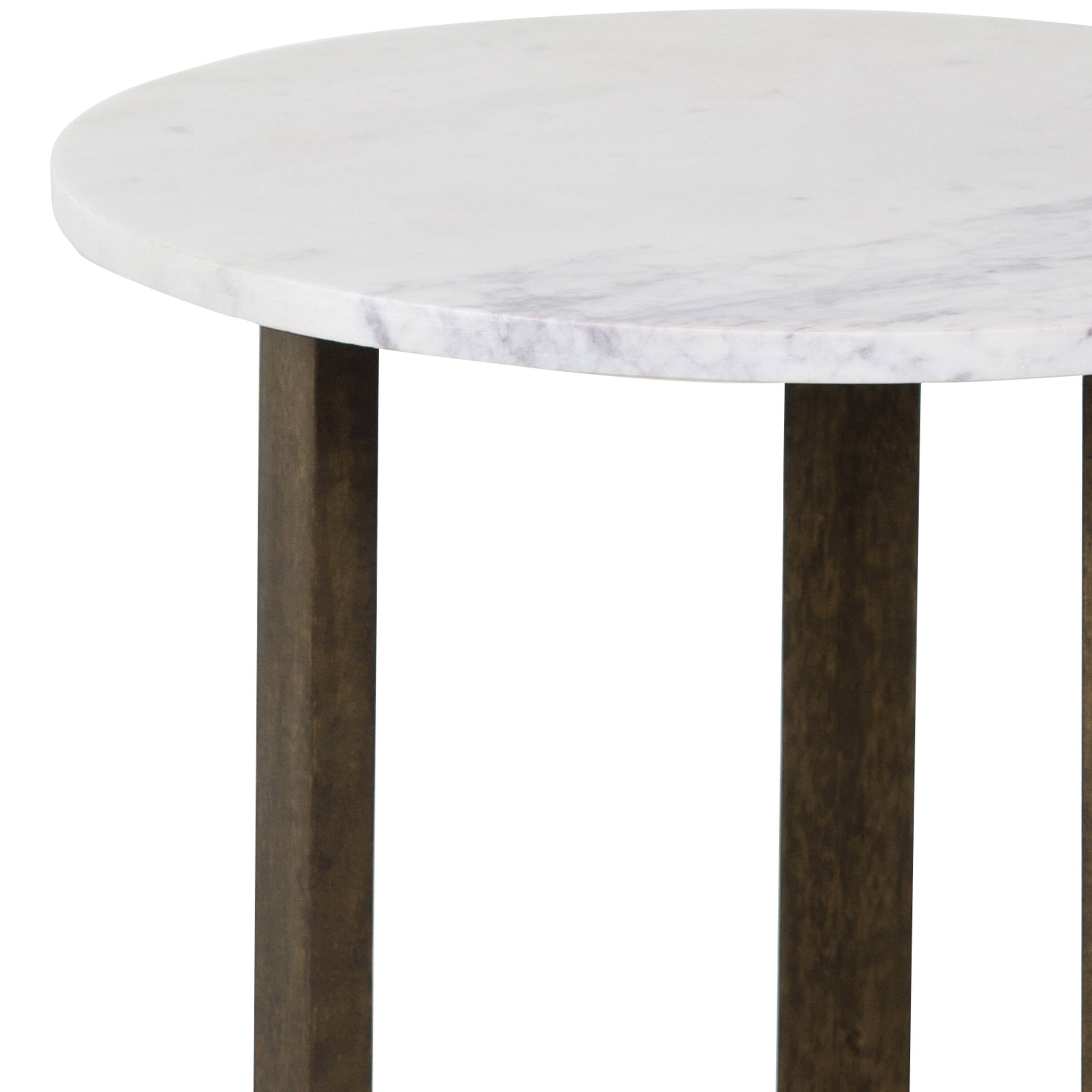 Alt View 1. Manhattan Lane - Fina 20 Inch Round Side End Table, White Genuine Marble Top, Natural Brown Mango Wood 3 Leg Sled Base - White, Natural Brown.