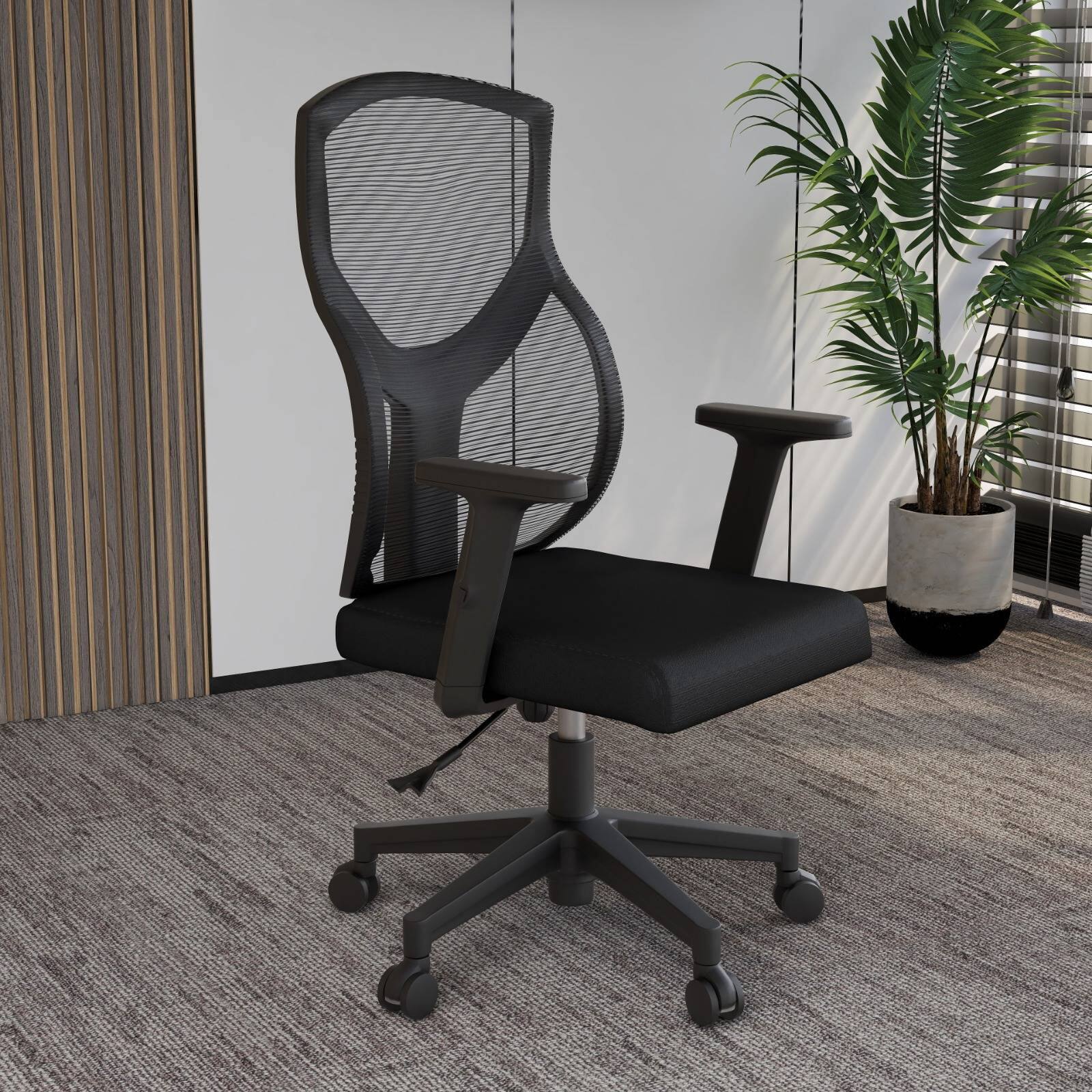 Angle. LeisureMod - Glen Office Chair Upholstered Cotton Mid-Back Mesh Computer Chair with Adjustable Height, Swivel and Tilt - Black.