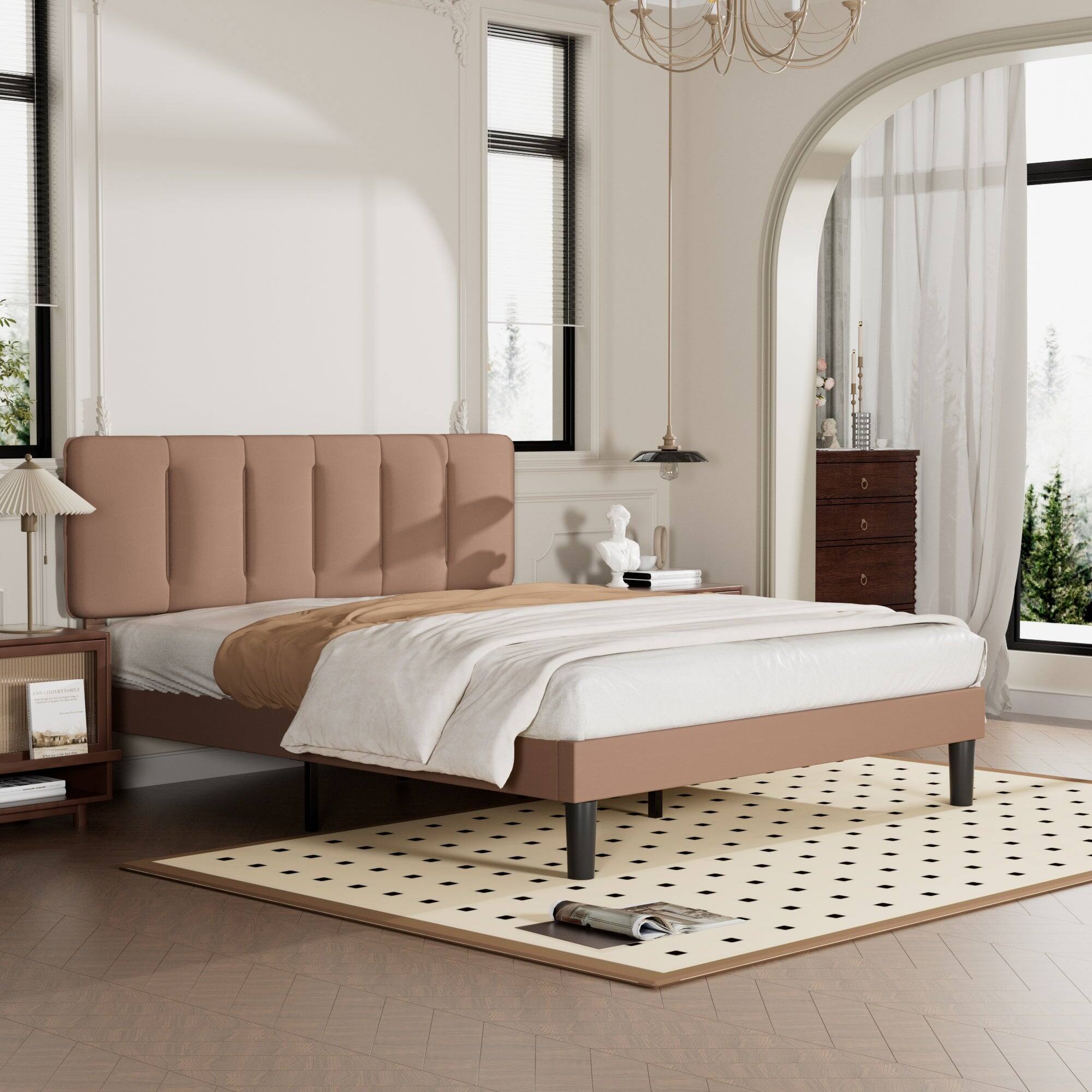 Alt View 2. Vecelo - Queen Upholstered Bed with Adjustable Headboard & 7.9" Underbed Storage - Quiet Slat Metal Platform Bed,Fabric Frame - Coffee.