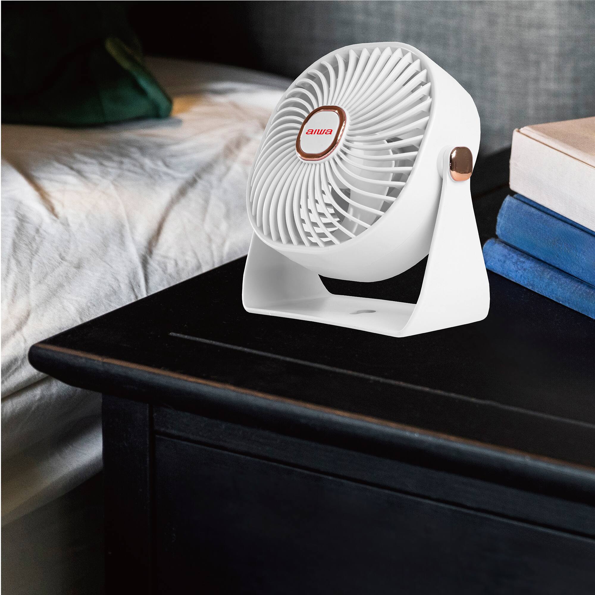 Left. Aiwa - Aiwa 4-Inch USB-C Rechargeable Desk Fan, 3-Speed Portable Mini Fan with 270° Adjustable Head, Quiet Operation - White.