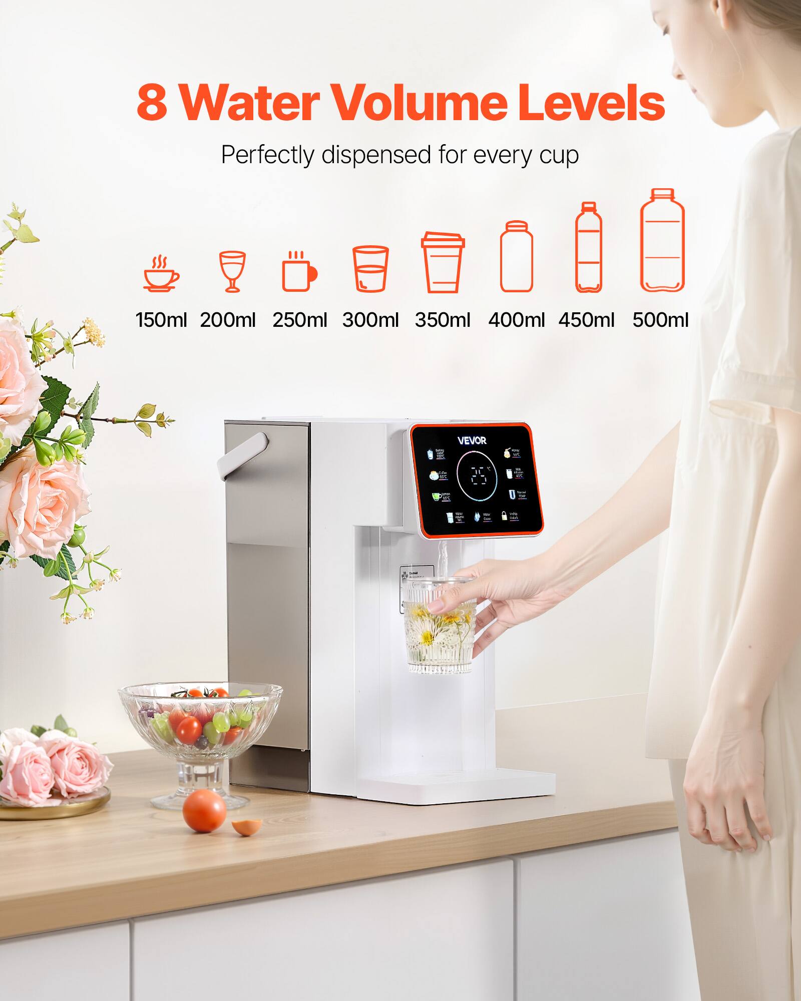 8 Water Volume Levels  
Perfectly dispensed for every cup  
150ml 200ml 250ml 300ml 350ml 400ml 450ml 500ml  
VEVOR