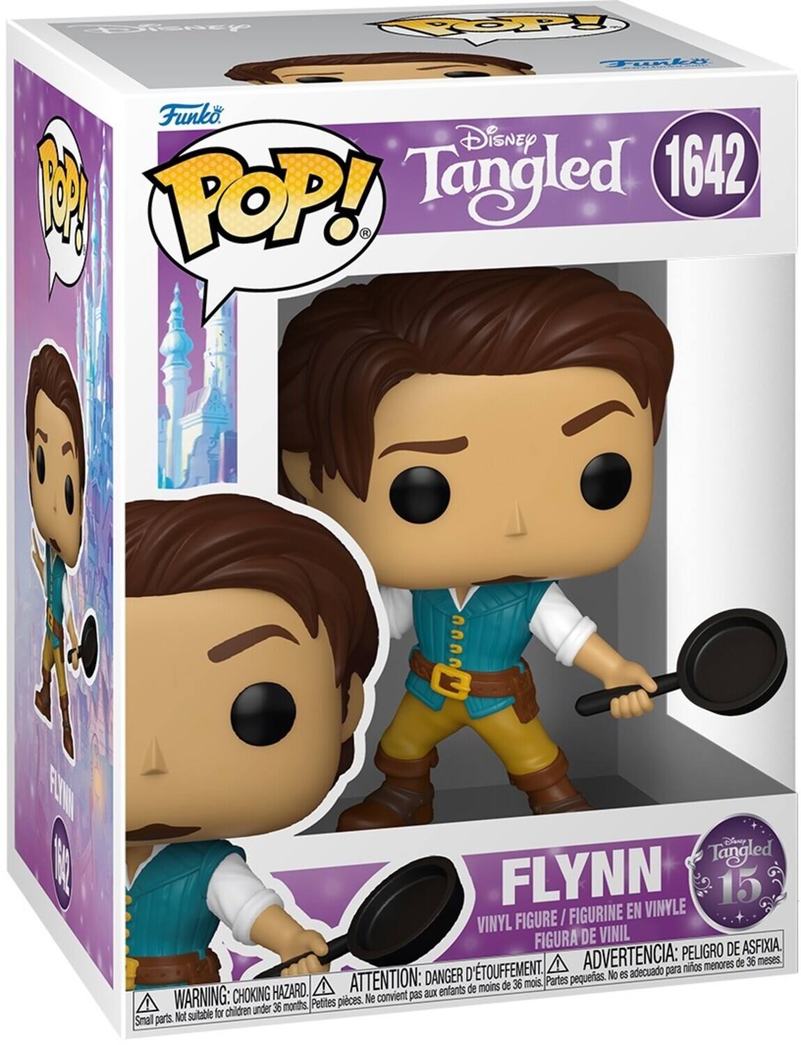 Sure, here is the corrected and grouped text from the image:

---

**Funko POP!**

**Disney Tangled**

**1642**

**FLYNN**

**VINYL FIGURE / FIGURINE EN VINYLE / FIGURA DE VINIL**

**WARNING: CHOKING HAZARD. Small parts. Not suitable for children under 36 months.**

**ATTENTION: DANGER D'ÉTOUFFEMENT. Petites pièces. Ne convient pas aux enfants de moins de 36 mois.**

**ADVERTENCIA: PELIGRO DE ASFIXIA. Partes pequeñas. No es adecuado para niños menores de 36 meses.**

**15**

---