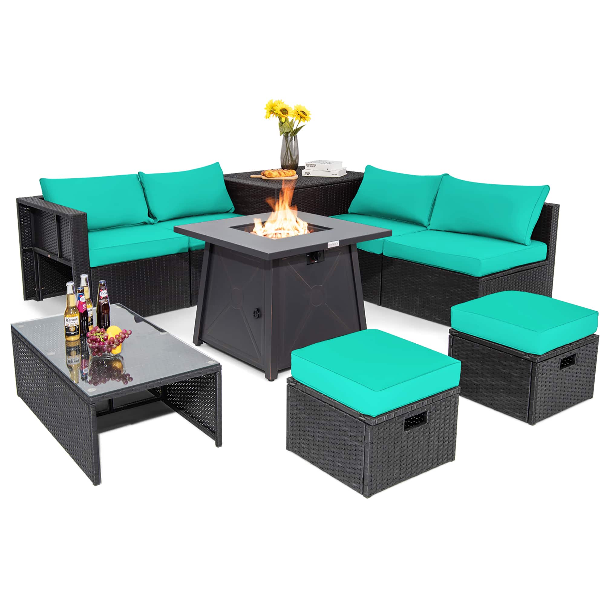 Costway - 9PCS Patio Rattan Furniture Set Fire Pit Space-saving W/Cover Cushion cover - Turquoise