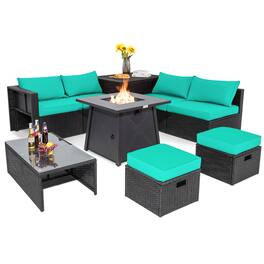 Costway - 9PCS Patio Rattan Furniture Set Fire Pit Space-saving W/Cover Cushion cover - Turquoise