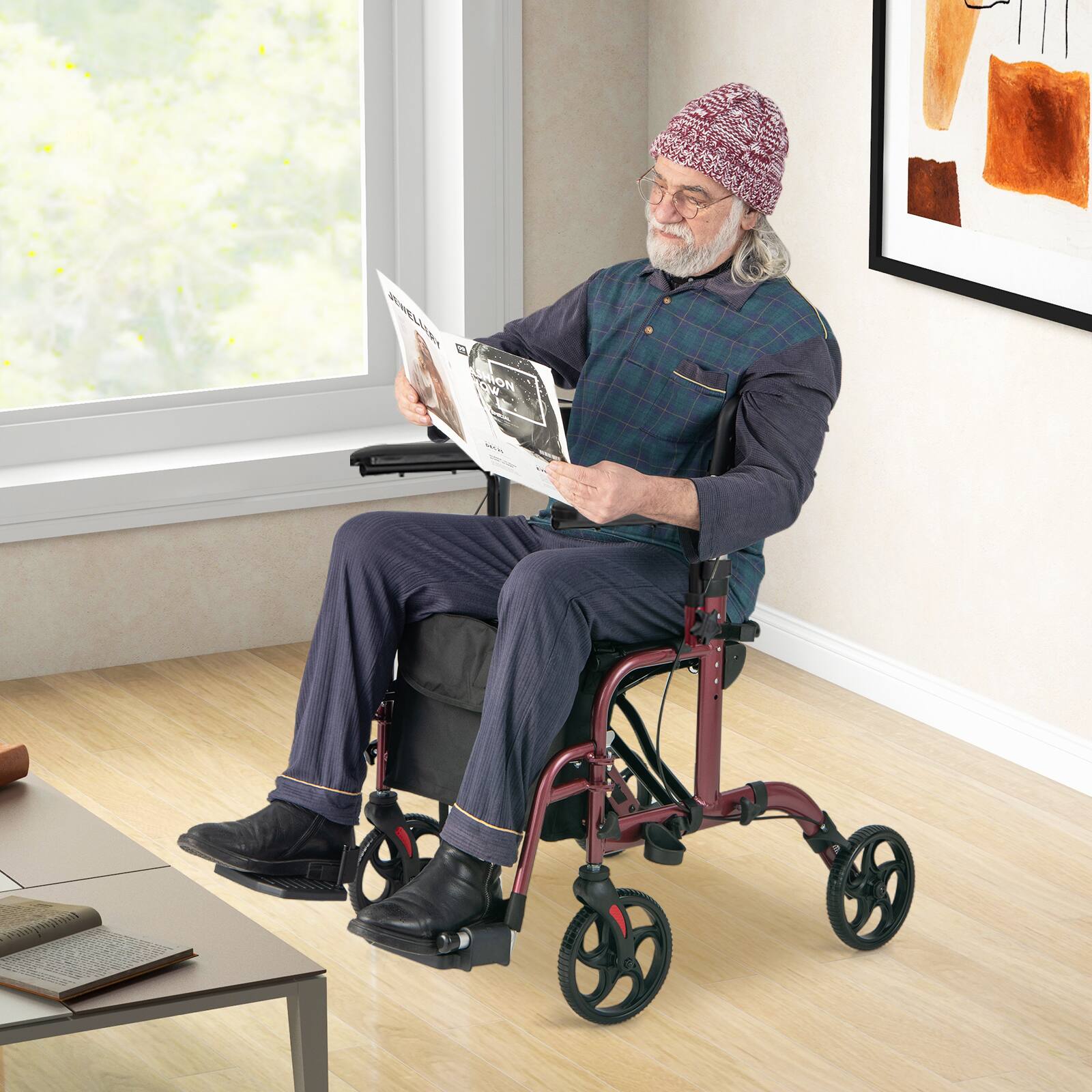 Alt View 1. Costway - Costway Folding Rollator Walker with Seat & 8" Wheels Supports up to 300 lbs Red - Red.