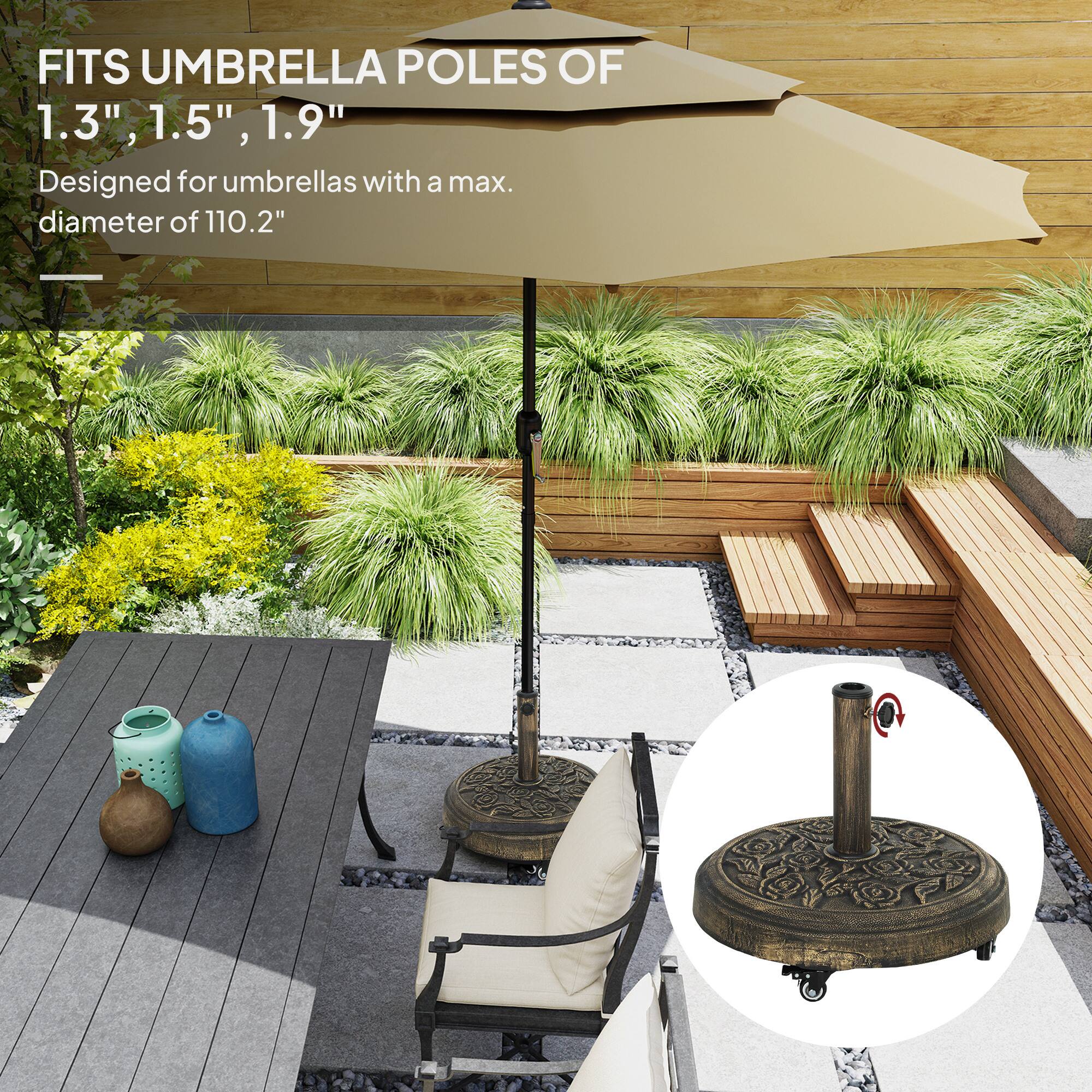 FITS UMBRELLA POLES OF 1.3", 1.5", 1.9"  
Designed for umbrellas with a max. diameter of 110.2"