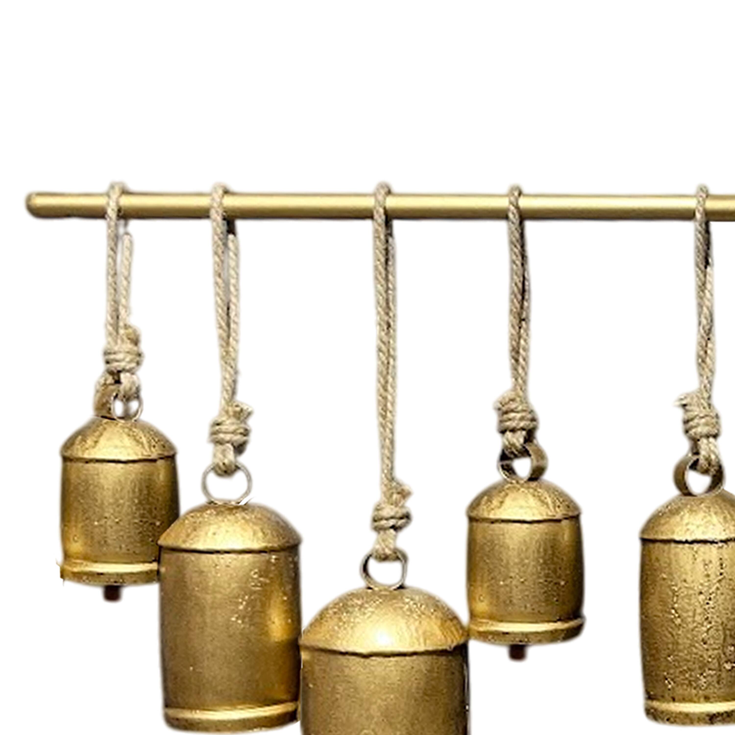 Alt View 1. Manhattan Lane - Neyra Iron Cow Bells Wall Decor 48 Inch Wide Decorative, Antique Gold Finish, Jute Hanging Rope - Gold.