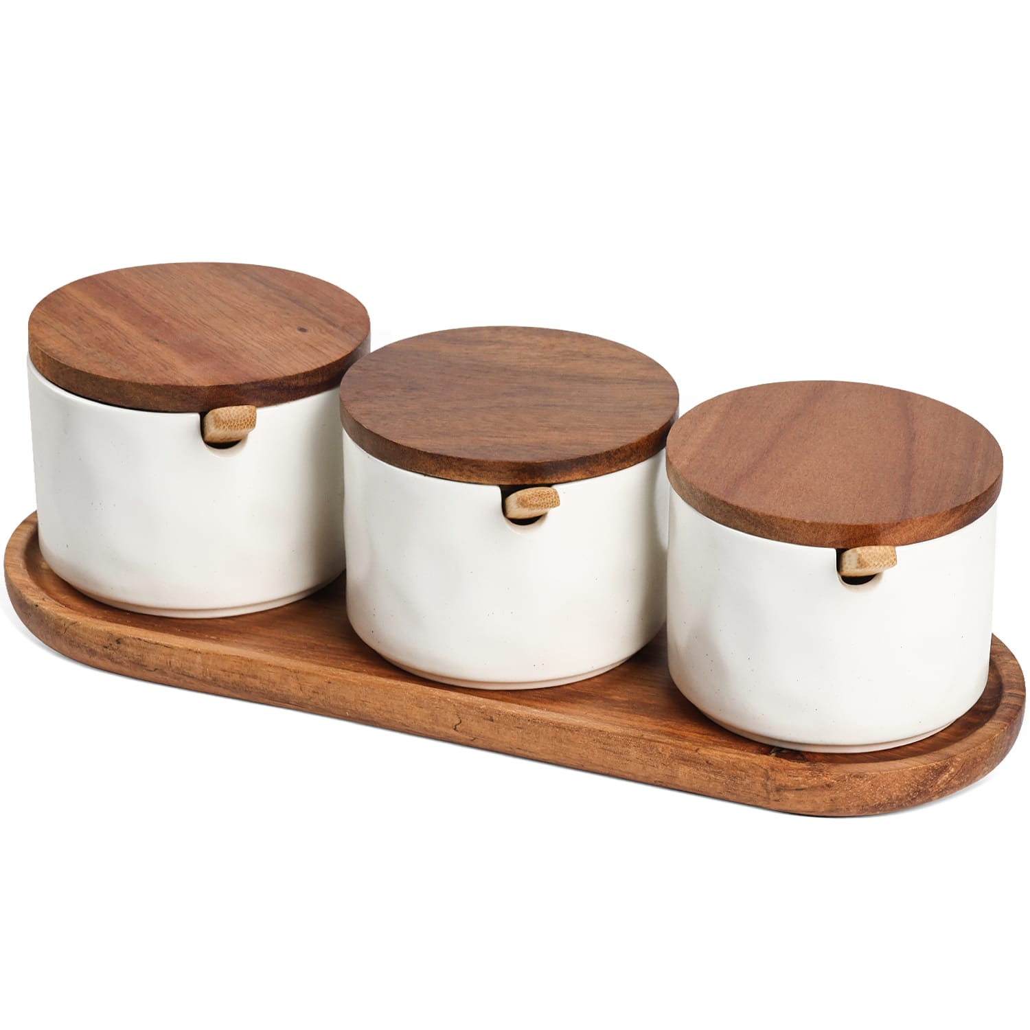 Garnen - Wooden Tray Spice Jars Set, Ceramic Spice Containers, Condiment Container with Lid, Ceramic Spice Jars with Spoon - White