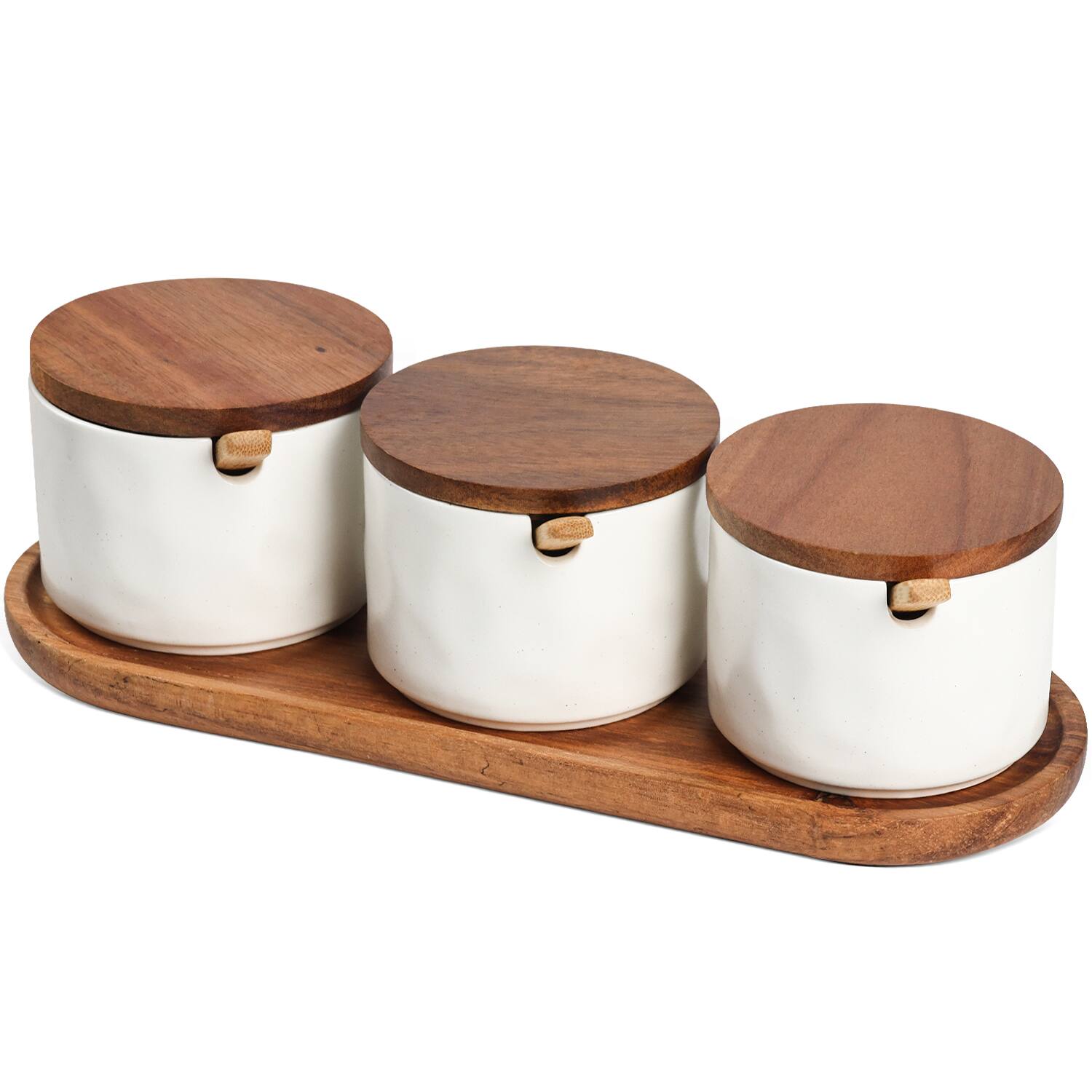 Front. Garnen - Wooden Tray Spice Jars Set, White Ceramic Spice Containers, Condiment Container with Lid, Ceramic Spice Jars with Spoon - White.