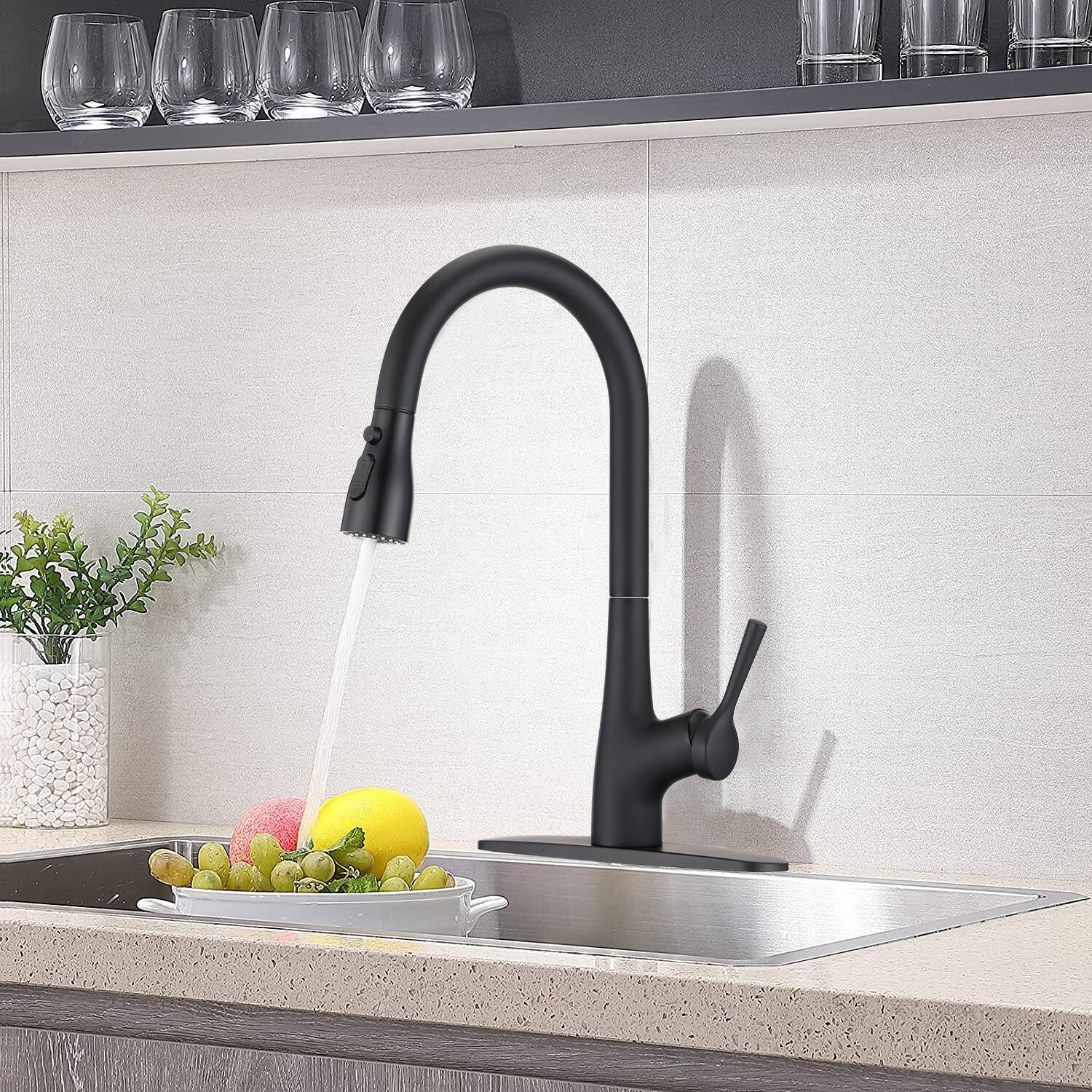 Alt View 2. APRILSOUL - Single Handle Pull Down Kitchen Sink Faucet Matte Black - Matte Black.