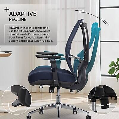 + ADAPTIVE RECLINE  
RECLINE with seat-side tab and use the tilt tension knob to adjust comfort levels. Responsive seat back flexes forward when sitting upright and relaxes when reclined.