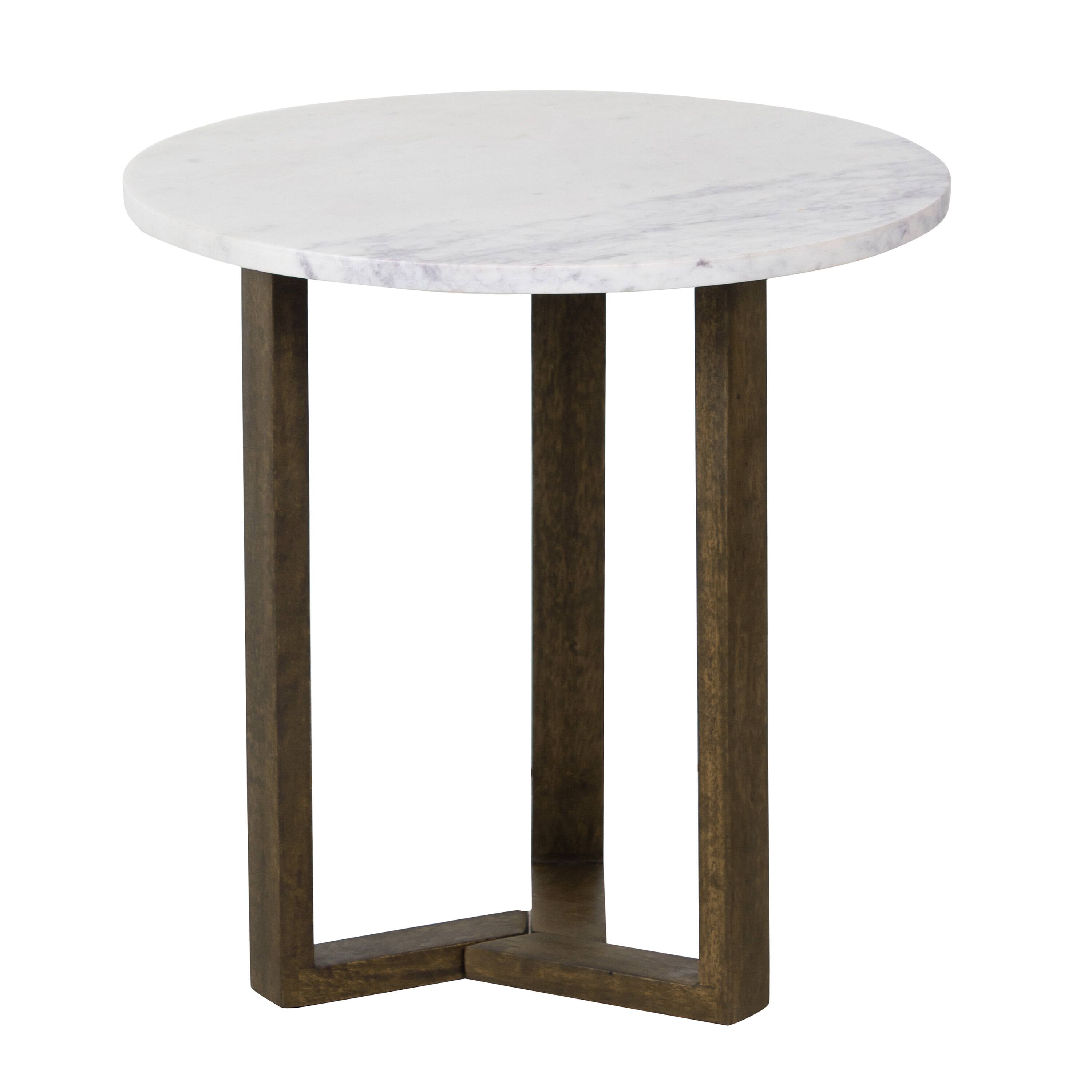 Alt View 1. Manhattan Lane - Fina Side End Table, 20 Inch Round White Genuine Marble Top, Natural Brown Mango Wood 3 Leg Sled Base - White, Natural Brown.