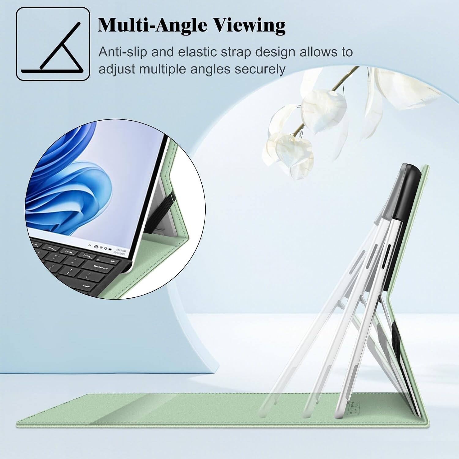 Multi-Angle Viewing  
Anti-slip and elastic strap design allows to adjust multiple angles securely