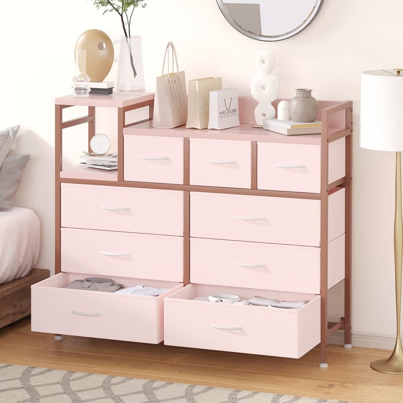 Acekool - Dresser TV Stand with 9 Drawers, Charging Station, Open Shelf, Power Outlets, Storage Console for Bedroom - Pink