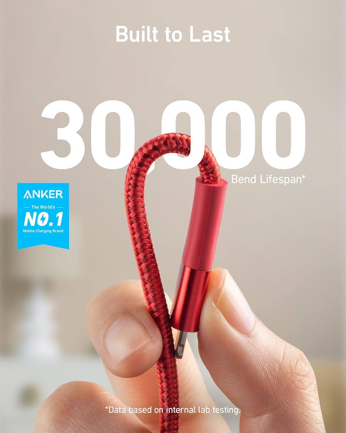 Built to Last  
30,000 Bend Lifespan*  
ANKER  
The World's NO.1 Mobile Charging Brand  
*Data based on internal lab testing.