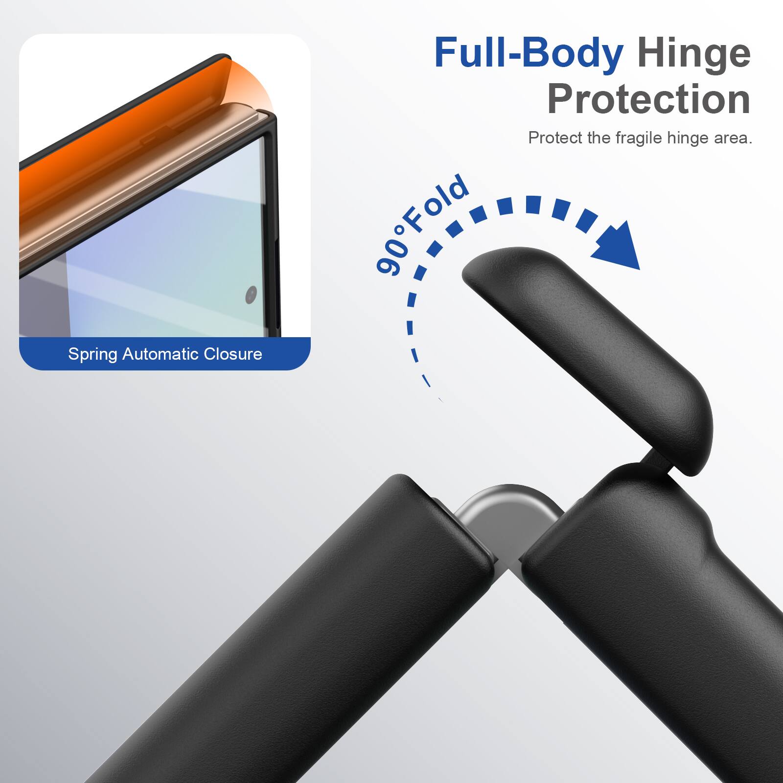 Spring Automatic Closure  
Full-Body Hinge Protection  
Protect the fragile hinge area.  
90° Fold