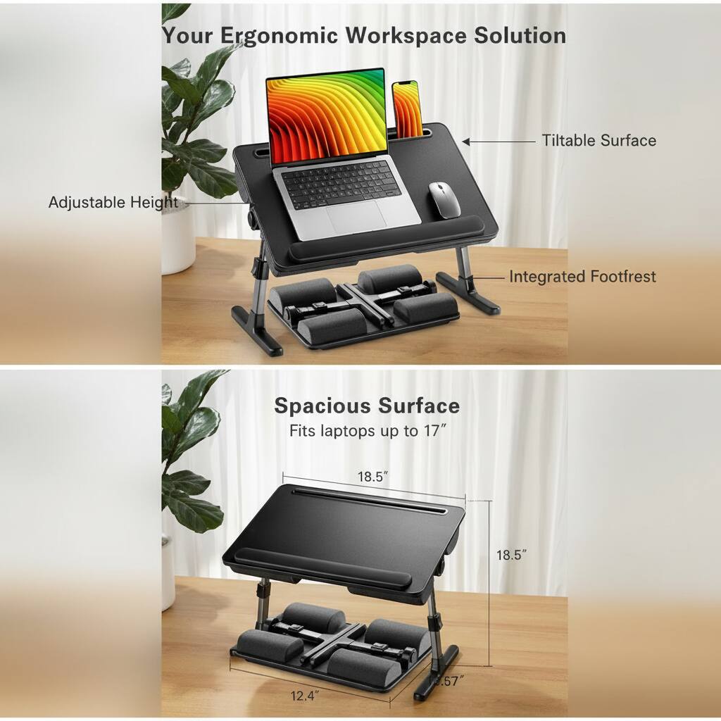 Your Ergonomic Workspace Solution  
Tiltable Surface  
Adjustable Height  
Integrated Footrest  
Spacious Surface  
Fits laptops up to 17"  
18.5" x 18.5" x 12.4"  
.57"