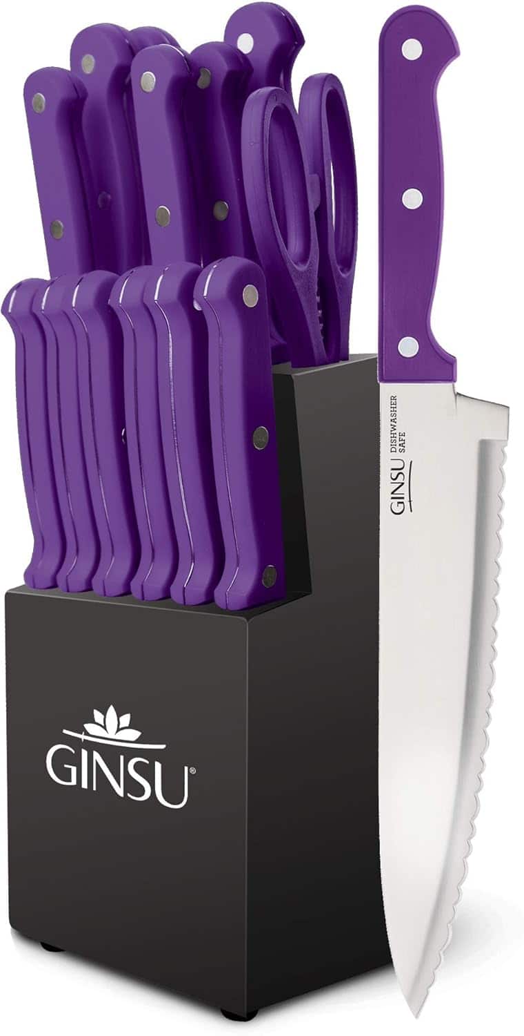 Ginsu - Kiso 14-Piece Knife Set with Black Block - Dishwasher Safe and Always Sharp - Purple