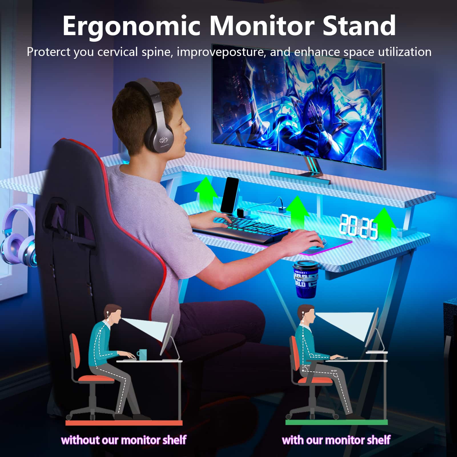Furnulem - 39 In Gaming Desk with Monitor StandCPU StandPower OutletLED LightHome Office Desk with Cup HolderHeadphone Hook - White