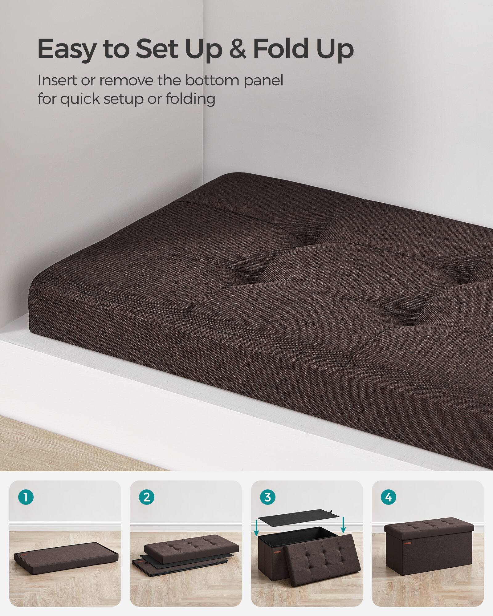 Easy to Set Up & Fold Up

Insert or remove the bottom panel for quick setup or folding

1. [Image of a flat panel]
2. [Image of the panel being placed on the sofa]
3. [Image of the panel being inserted into the sofa]
4. [Image of the sofa folded up]