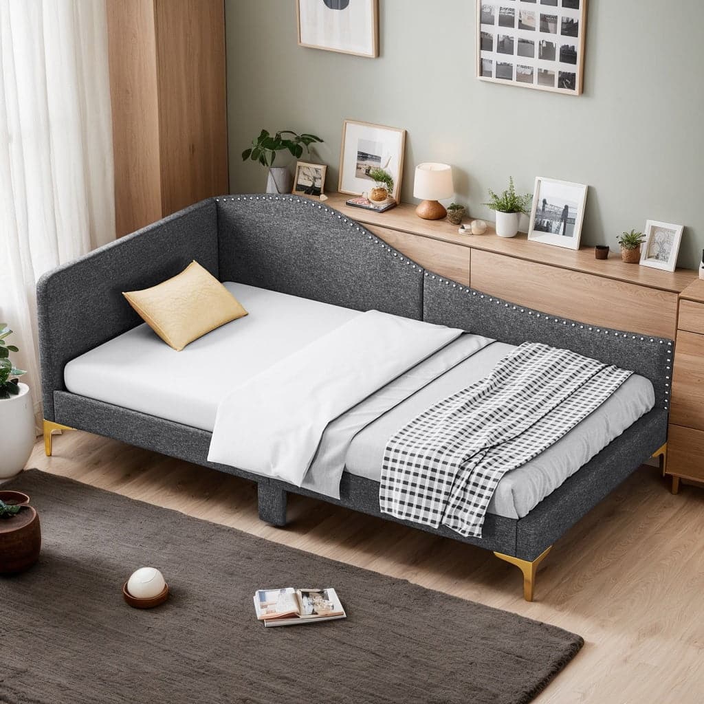Kadyn - Platform Bed Frame, Bedroom Bed Frame,Full/Twin Size Rivet-Tufted Platform Bed with Metal Legs and Wood Slats-Twin Size - Gray