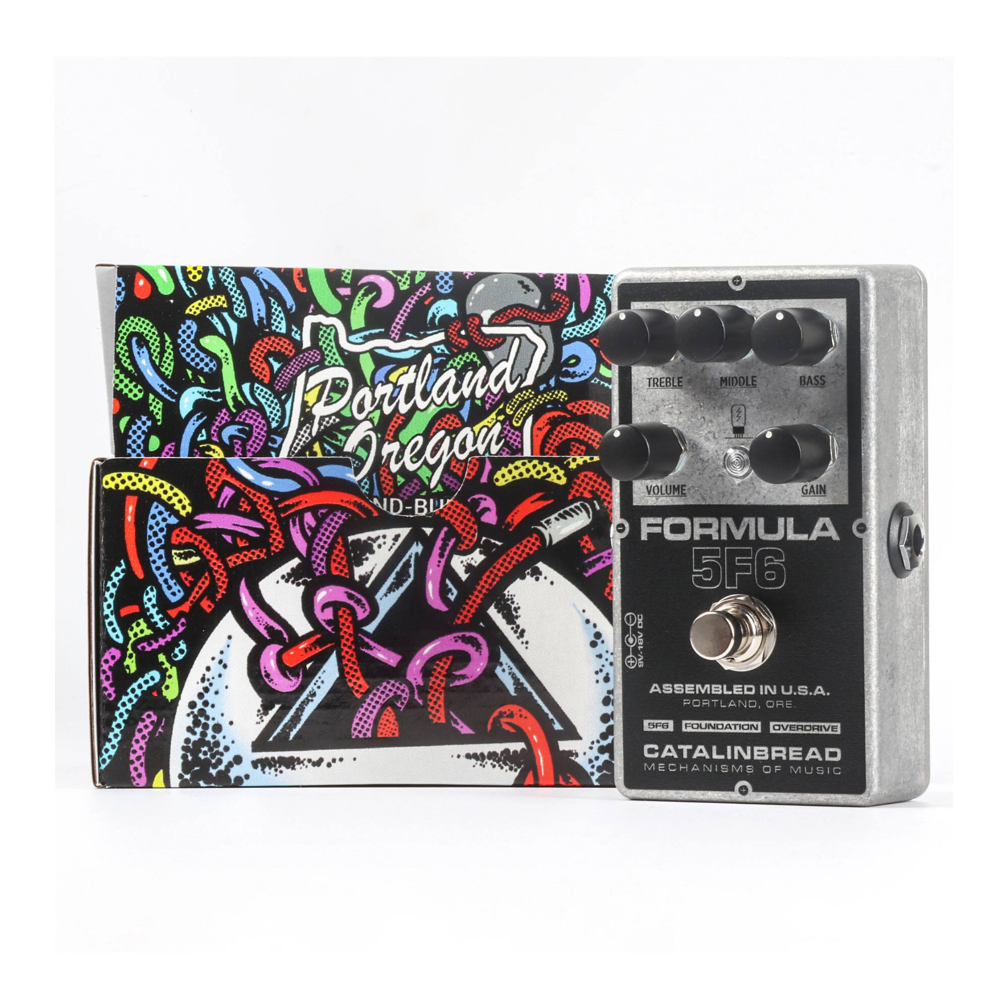 TREBLE MIDDLE BASS PPartland! Gregon VOLUME GAIN D-BU FORMULA 5F6 ASSEMBLED IN U.S.A. PORTLAND, ORE SP POUNDATION OVERDRIVE CATALINBREAD MECHANISMS OF MUSIC