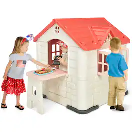 Gymax - Kid's Playhouse Games Cottage w/ 7 PCS Toy Set & Waterproof Cover - Pink