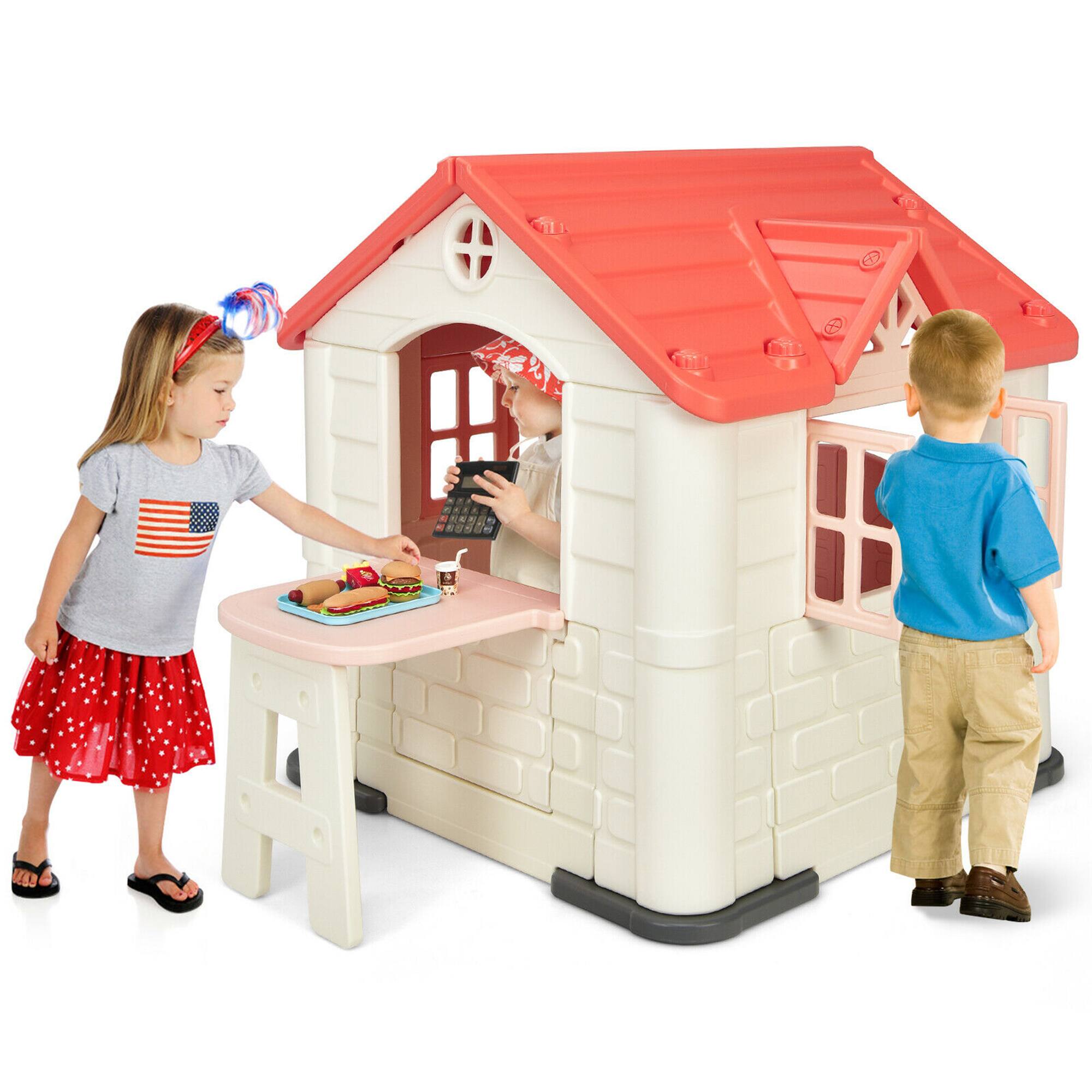 Front. Gymax - Gymax Kid's Playhouse Games Cottage w/ 7 PCS Toy Set & Waterproof Cover Pink - Pink.