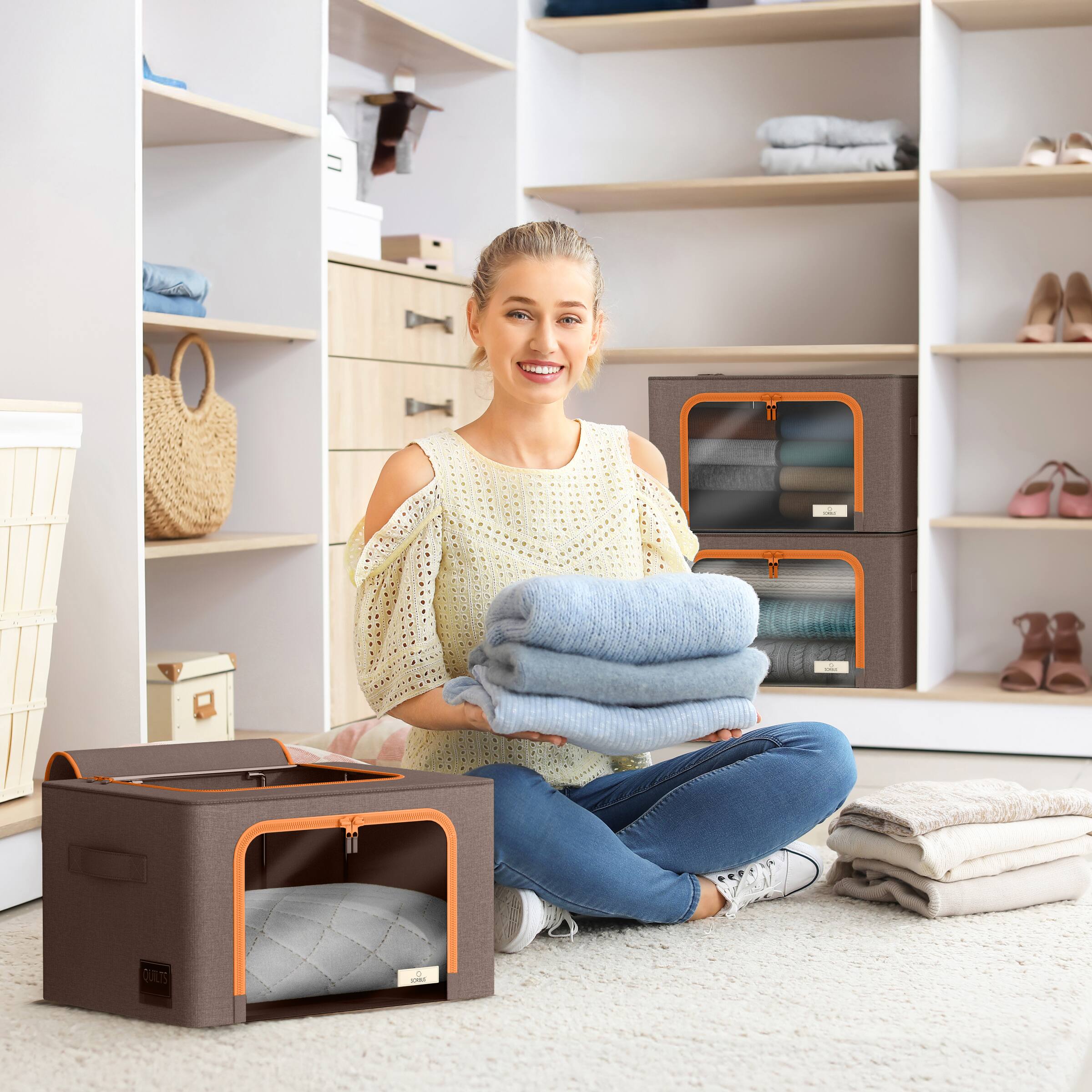 Alt View 1. Sorbus - Sorbus Storage Bins with Metal Frame - Stackable & Foldable Clothes Organizer Bags - Oxford Fabric Storage Containers - Brown.