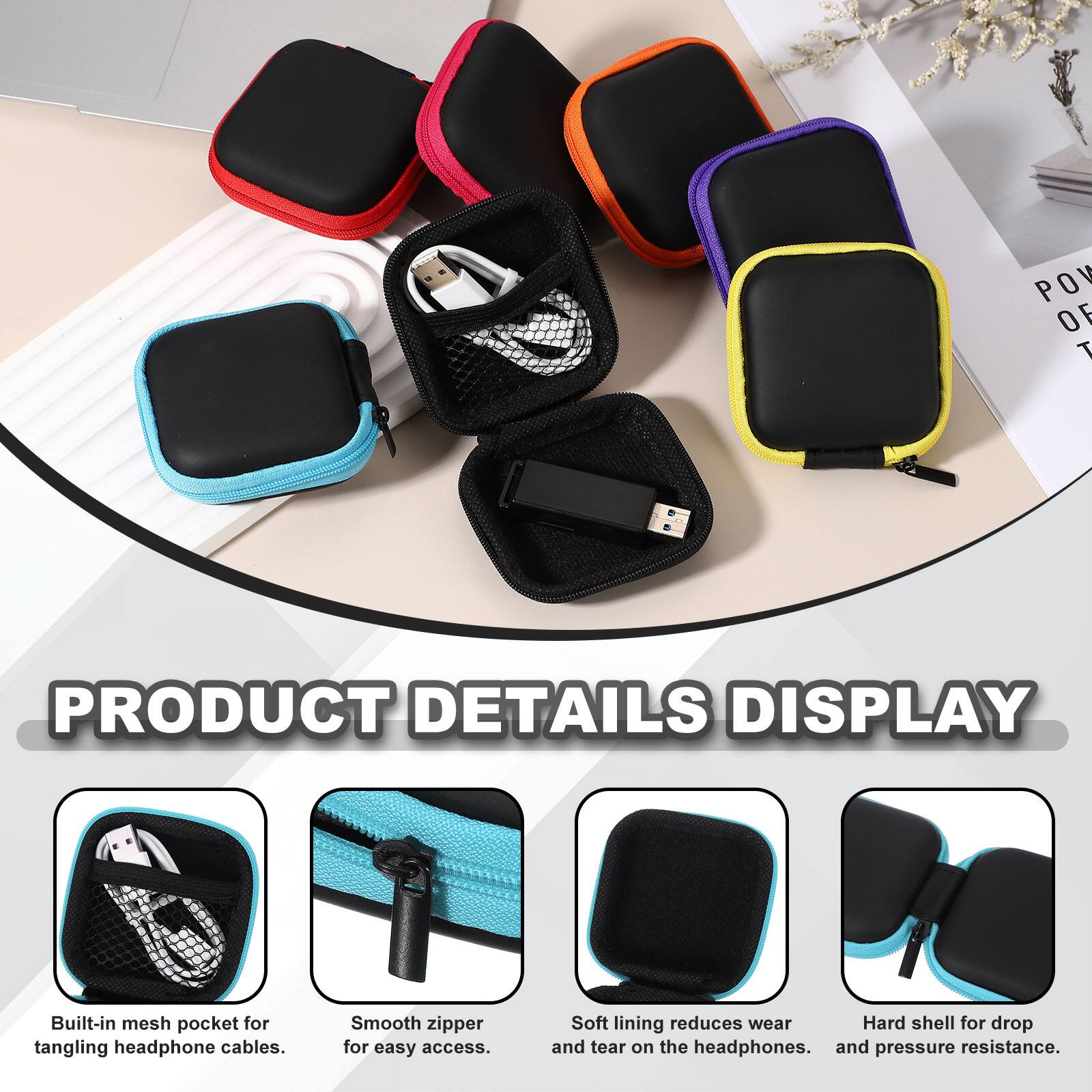 PRODUCT DETAILS DISPLAY

- Built-in mesh pocket for tangling headphone cables.
- Smooth zipper for easy access.
- Soft lining reduces wear and tear on the headphones.
- Hard shell for drop and pressure resistance.