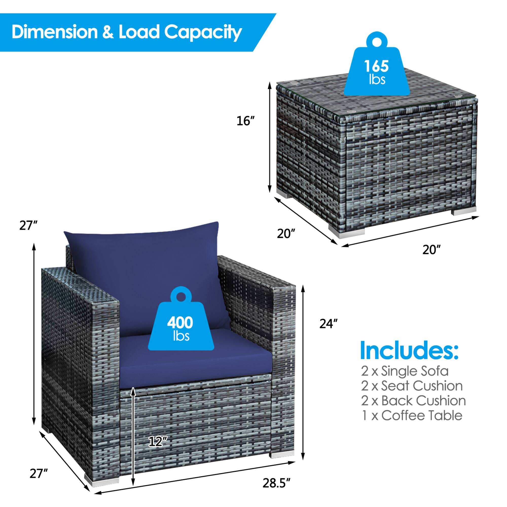 Dimension & Load Capacity: 165 lbs, 16", 27", 20", 400 lbs, 24"

Includes: 2 x Single Sofa, 2 x Seat Cushion, 2 x Back Cushion, 1 x Coffee Table

12", 27", 28.5"