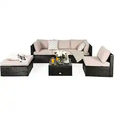Front. Costway - Costway 6PCS Outdoor Patio Rattan Furniture Set Cushioned Sectional Sofa Ottoman - Beige.
