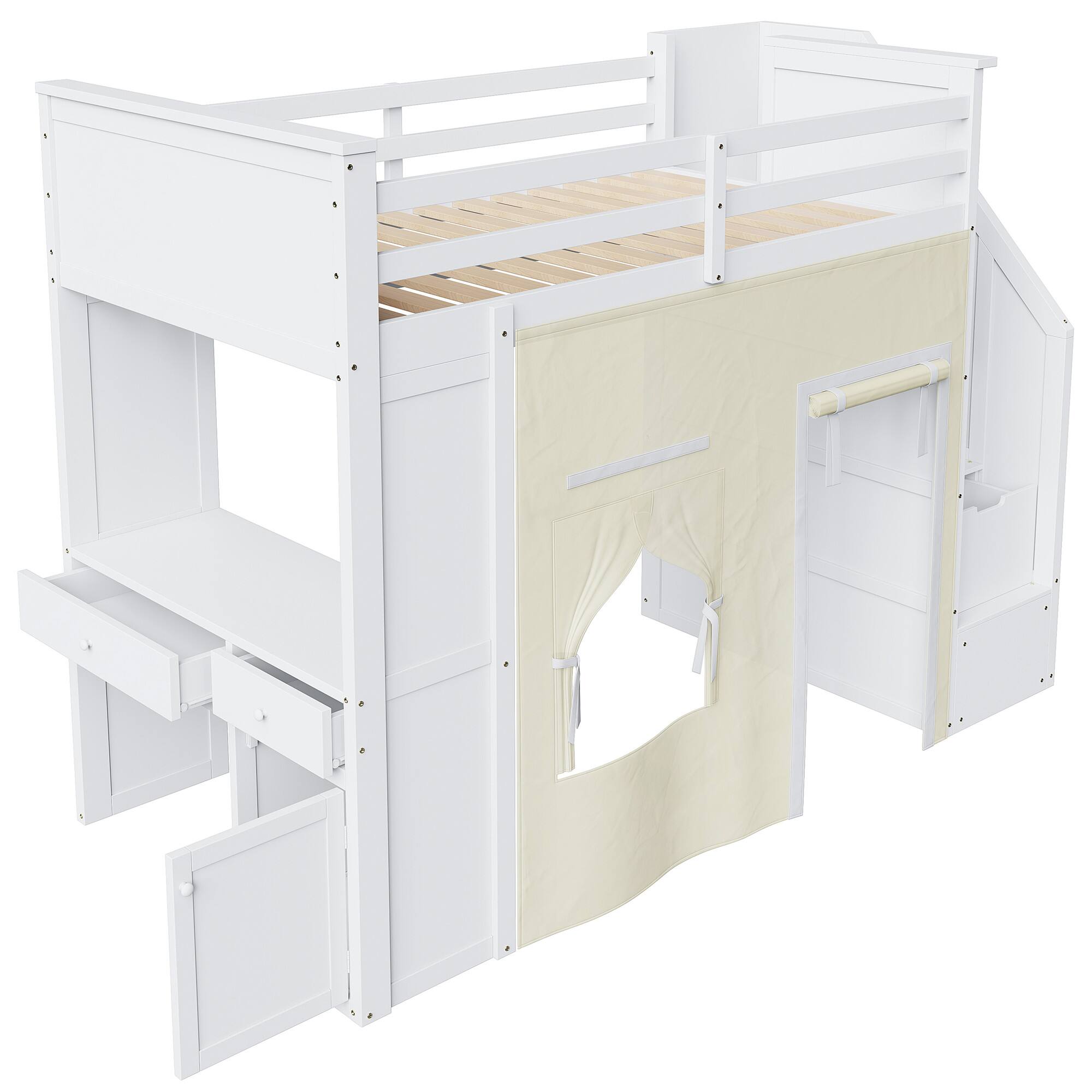Left. Whisen - Twin Size Loft Bed with Desk, Storage Staircase, Drawers & Privacy Curtain for Kids Bedroom - White.