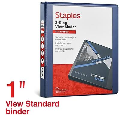 Staples  
3-Ring View Binder  
Standard Duty  

The perfect binder for your everyday needs  
2 tabs for easy open and close  
D Rings keep pages flat and fits more  

1" View Standard binder  

QUARTERLY REPORT  

View Standard binder