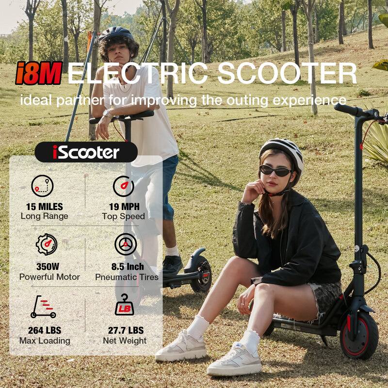 i8M ELECTRIC SCOOTER  
ideal partner for improving the outing experience  

iScooter  

- 15 MILES Long Range  
- 19 MPH Top Speed  
- 350W Powerful Motor  
- 8.5 Inch Pneumatic Tires  
- 264 LBS Max Loading  
- 27.7 LBS Net Weight