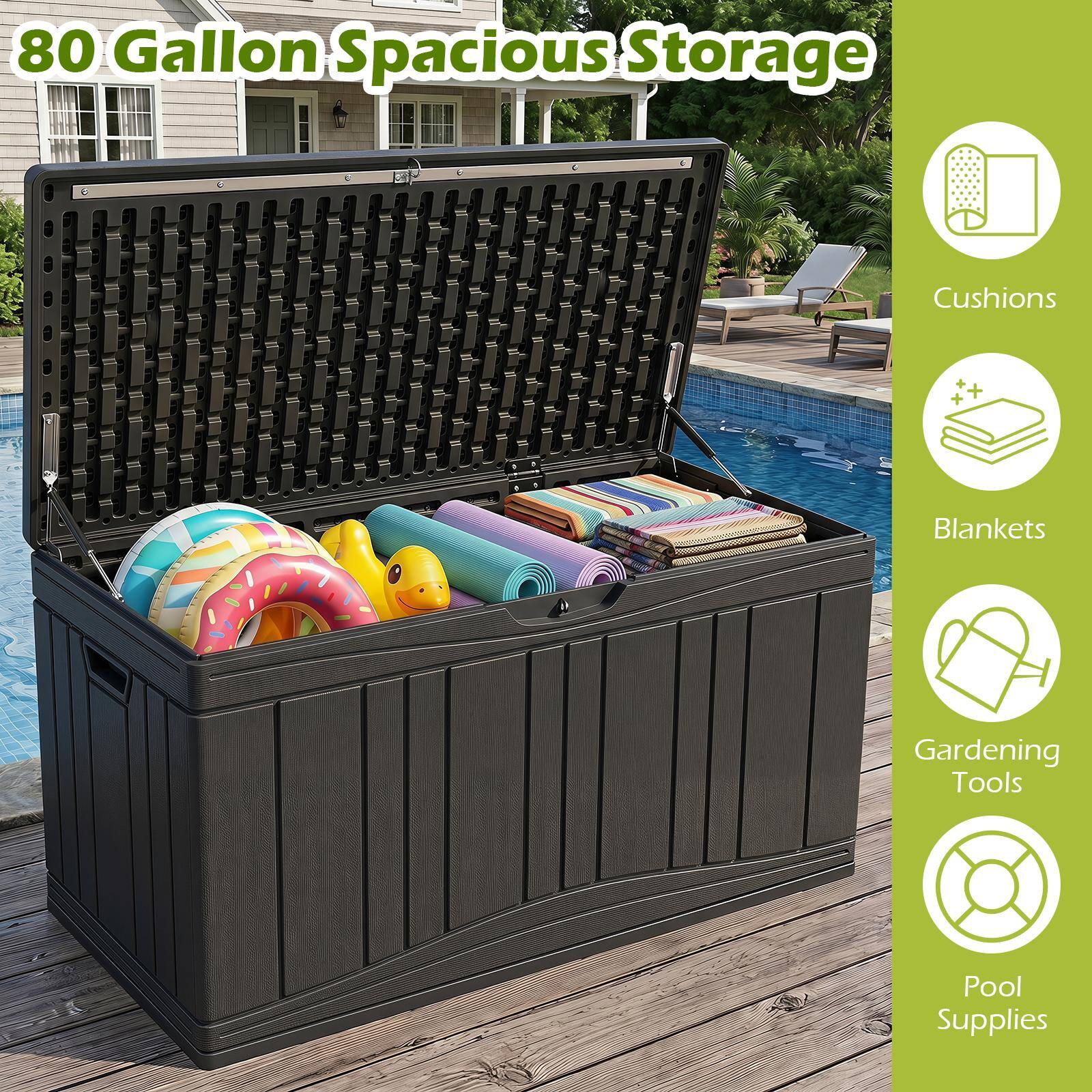 80 Gallon Spacious Storage

- Cushions
- Blankets
- Gardening Tools
- Pool Supplies