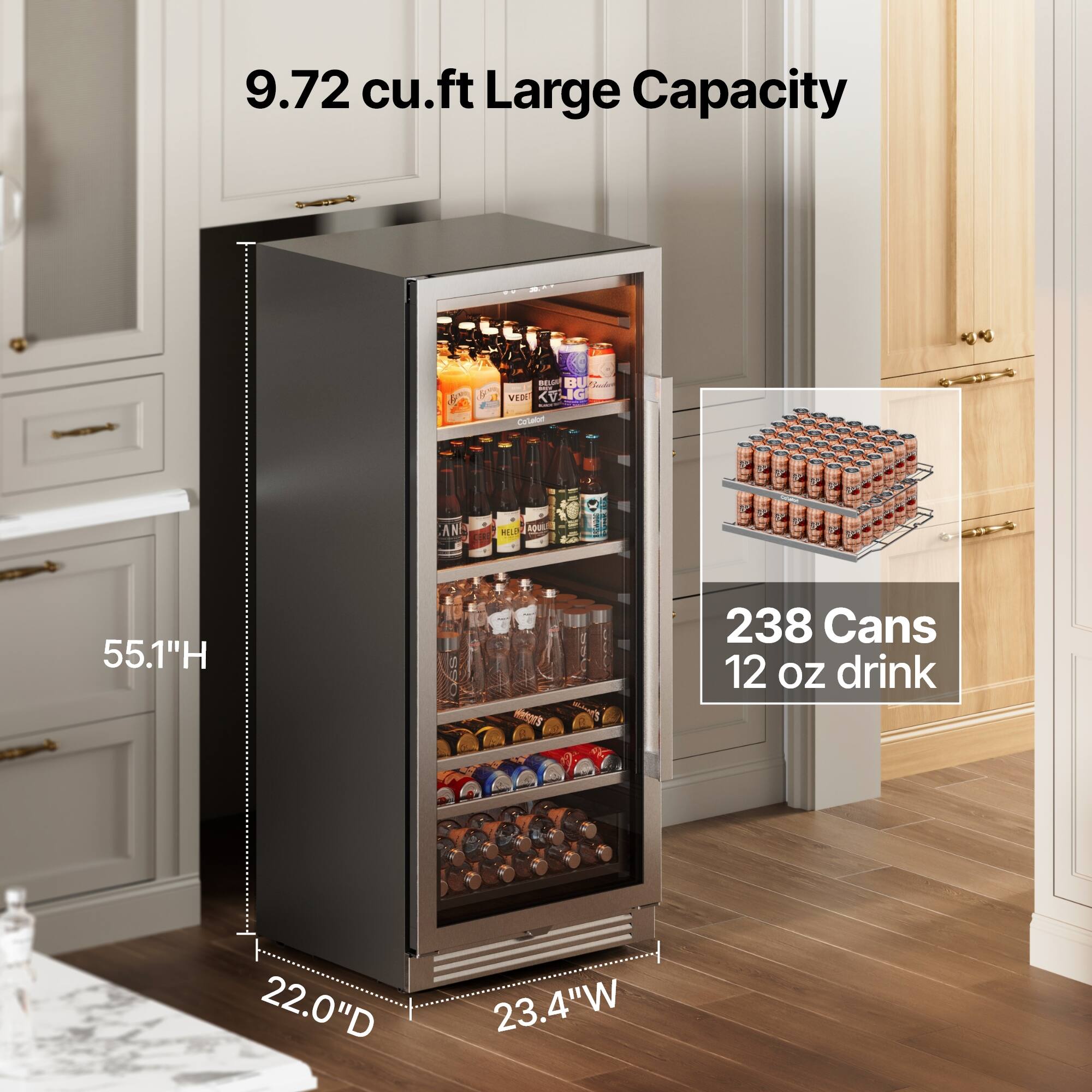 9.72 cu.ft Large Capacity

55.1"H

22.0"D

23.4"W

238 Cans 12 oz drink
