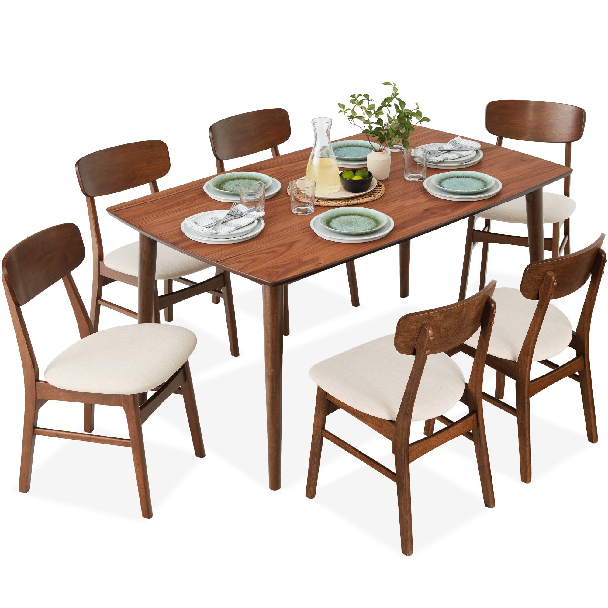 Best Choice Products - 7-Piece Mid-Century Modern Upholstered Dining Set, Wooden Table w/ 6 Chairs - Walnut/Cream