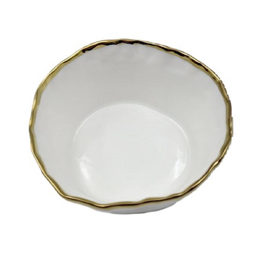 Angle. Jiallo - 4" Simplicity Collection White Porcelain Gold Trim Freestyle Round Snack Bowl - White.