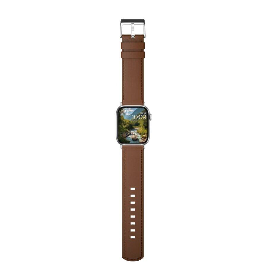 Angle. MobyFox - Leather Band for Apple Watch – Genuine Leather, Stainless Steel Buckle, Fits All Series & SE - Brown.