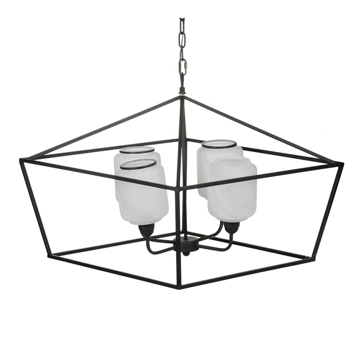 Left. Loheer - Loheer Black Iron Chandelier, Rectangle Glass Shade Industrial Hanging Light Fixture for Dining Room.