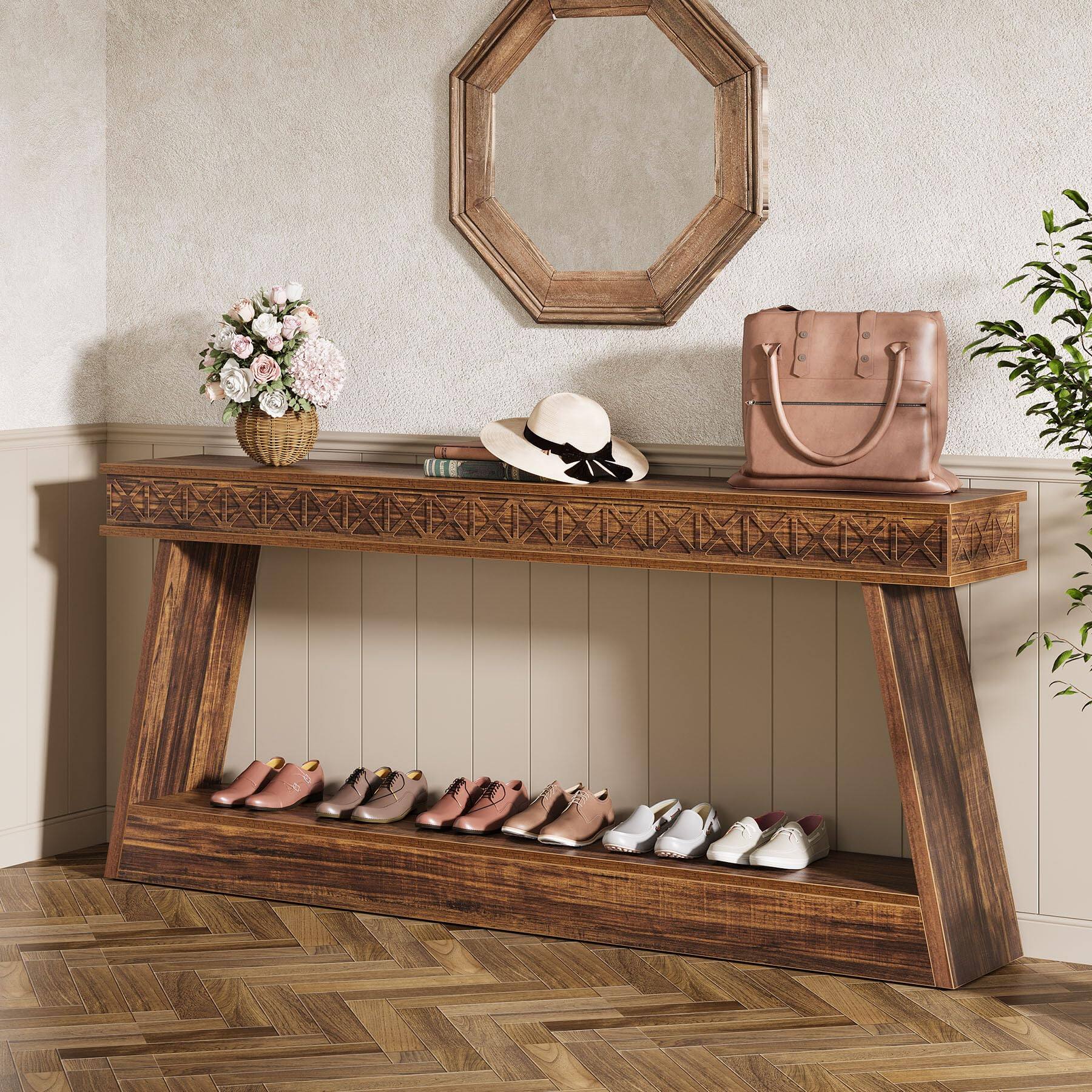 Alt View 1. Tribesigns - 70.9-Inch Farmhouse TV Stand with 2 Open Storage Shelves and Curved Frame for TVs up to 80 Inches - Dark Brown.