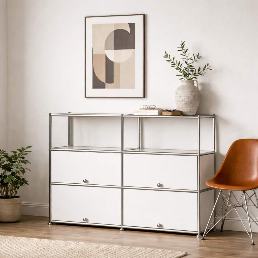 Malletson - Storage Cabinet with Double Drawers and Metal Frame, Multi-Purpose Home Organizer for Entryway, Living Room or Bedroom - White